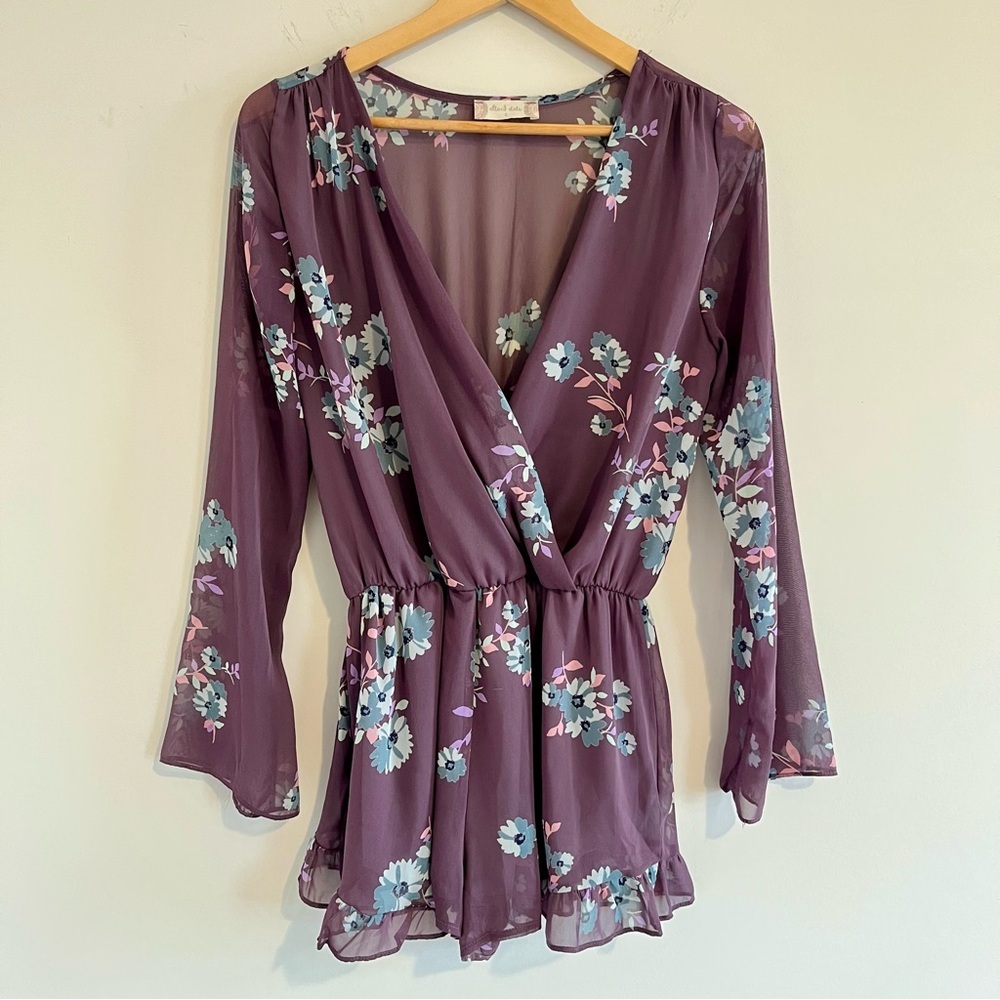 Altar’d State Women’s Floral Romper size Small Sheer Purple Flowing Sleeves